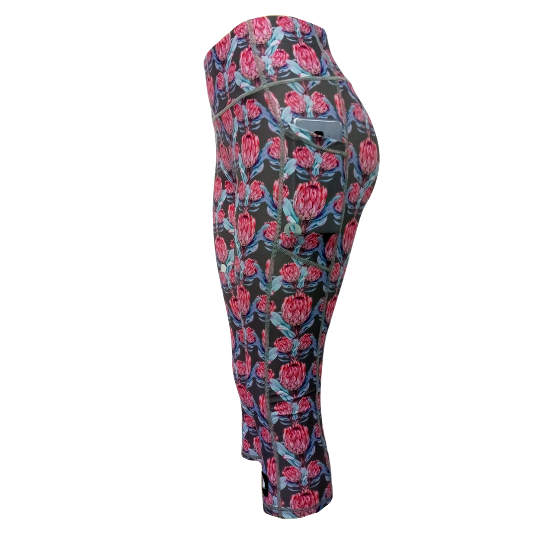 High Waist Funky 3/4 Leggings - Pink Protea - Funky Pants